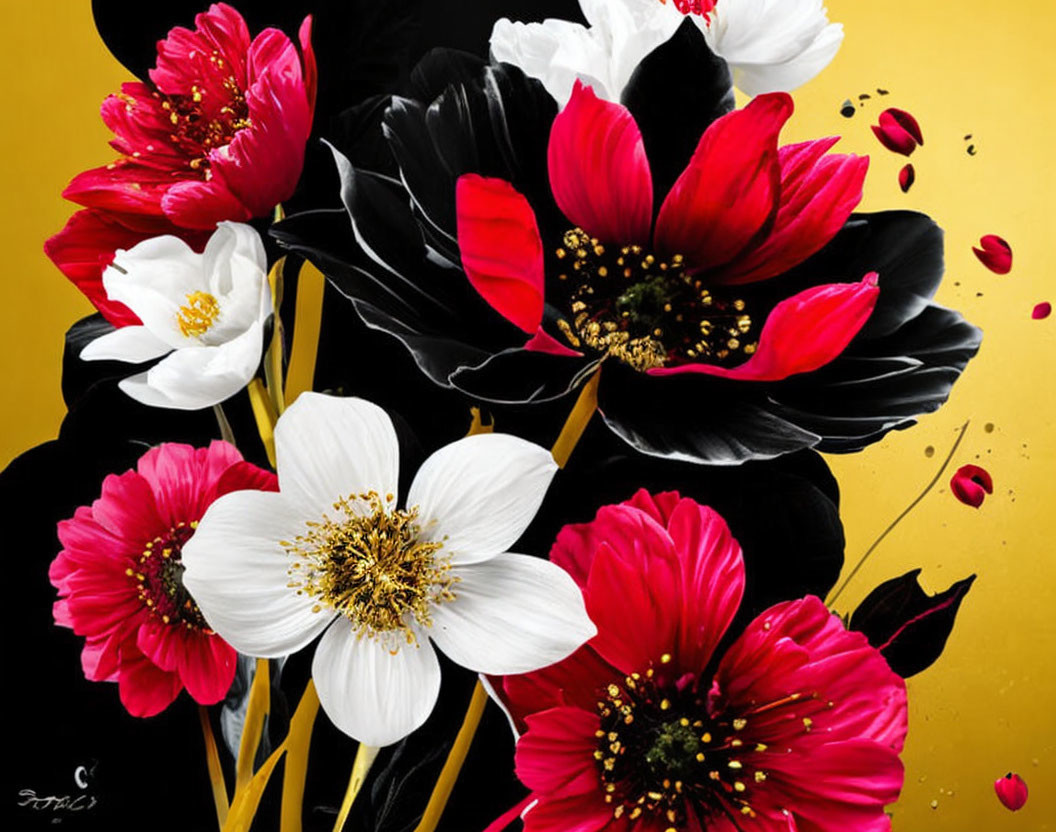 Colorful digital painting of red, white, and black flowers on a dynamic yellow background