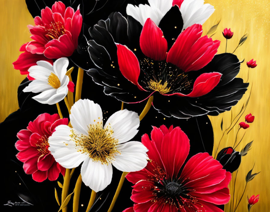 Colorful Floral Painting with Red and White Flowers on Black Background