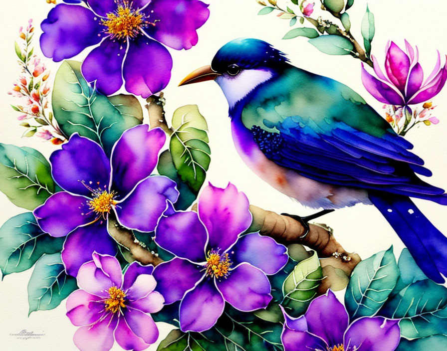 Vibrant Blue Bird Painting Among Purple Flowers