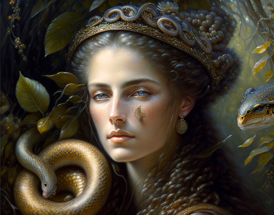 Regal woman with jeweled crown and intense gaze among foliage and snake