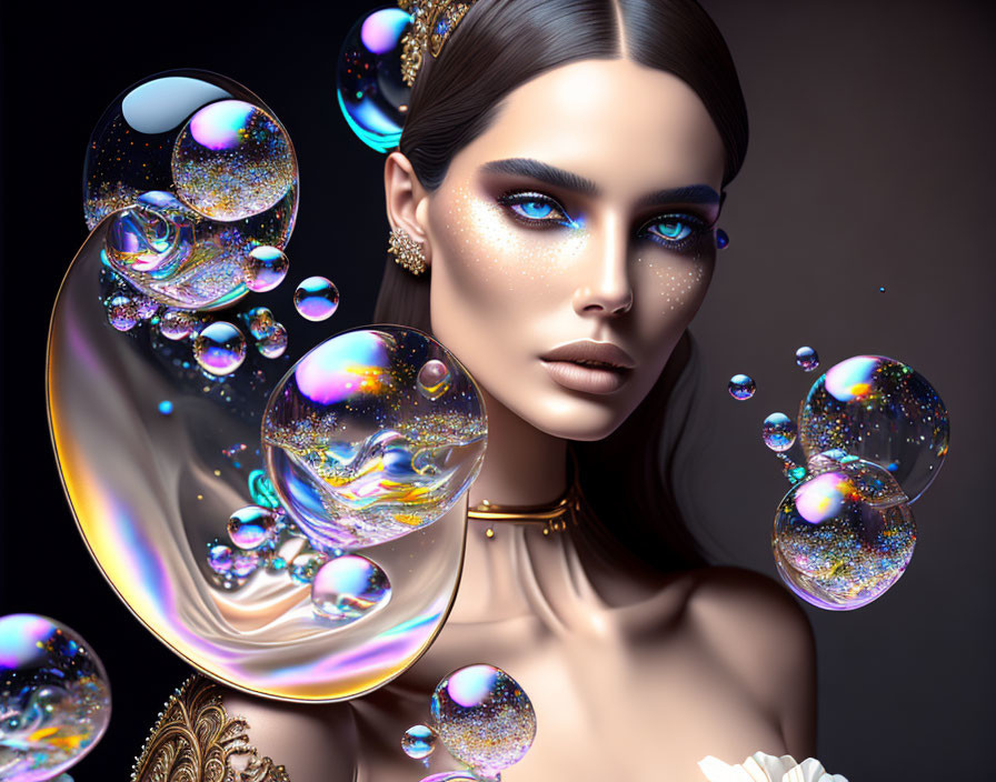 Digital Artwork: Woman with Blue Eyes and Glossy Lips Surrounded by Iridescent Bubbles