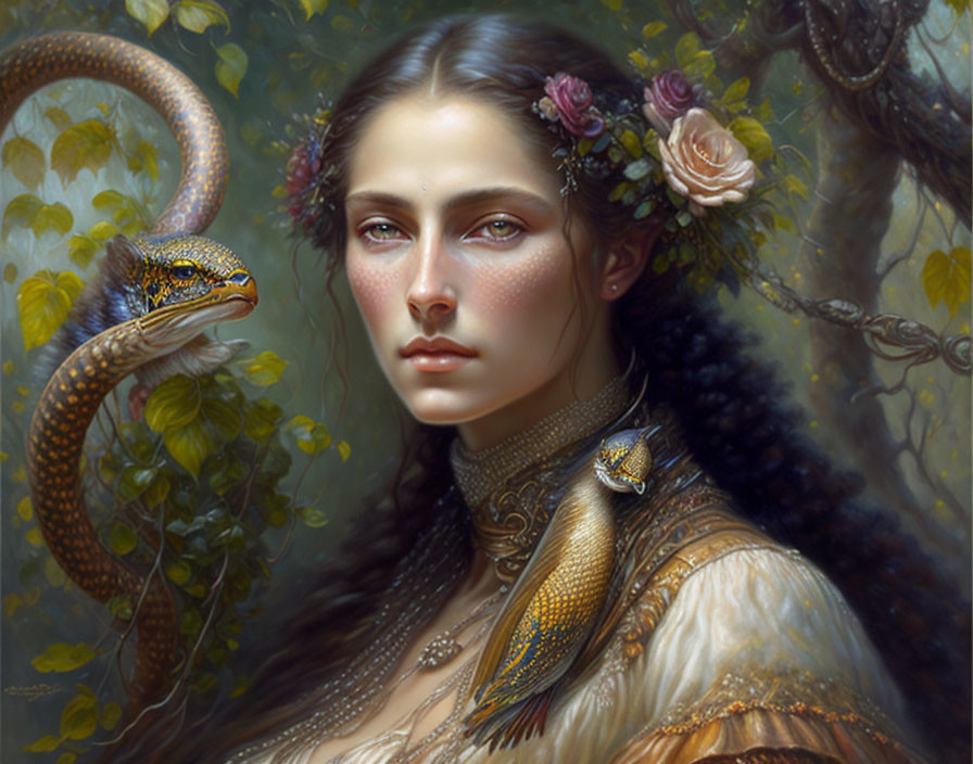 Woman with flowers in hair and serpent in serene floral setting