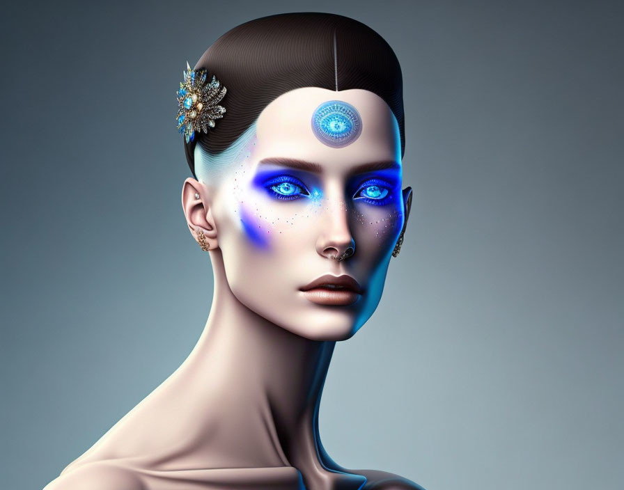 Digital artwork featuring female figure with stylized makeup and futuristic aesthetic