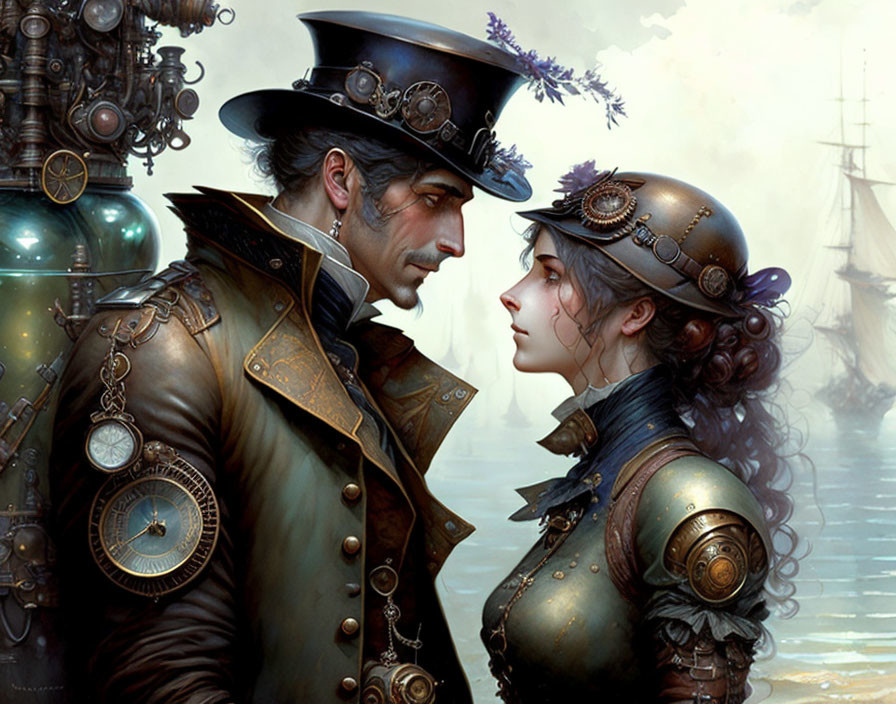 Steampunk digital art: Victorian couple in mechanical attire gaze at each other