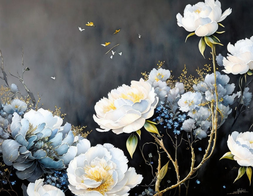 Blue and White Blossoms with Gold Accents and Butterflies on Dark Background