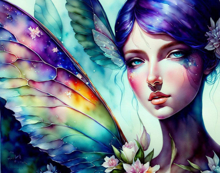 Fantasy-style illustration of woman with butterfly wings and floral hair decor