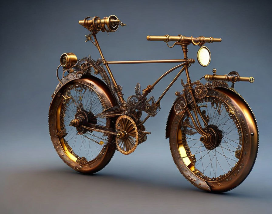 Steampunk-inspired bicycle with intricate metalwork and gears on gradient background