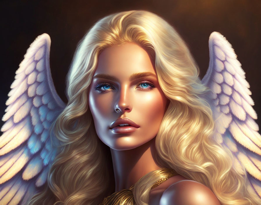 Blonde woman with angelic features and white wings on dark background