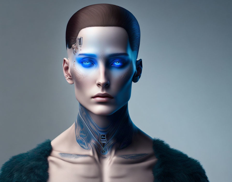 Blue-skinned humanoid figure with cybernetic tattoos and futuristic design elements.