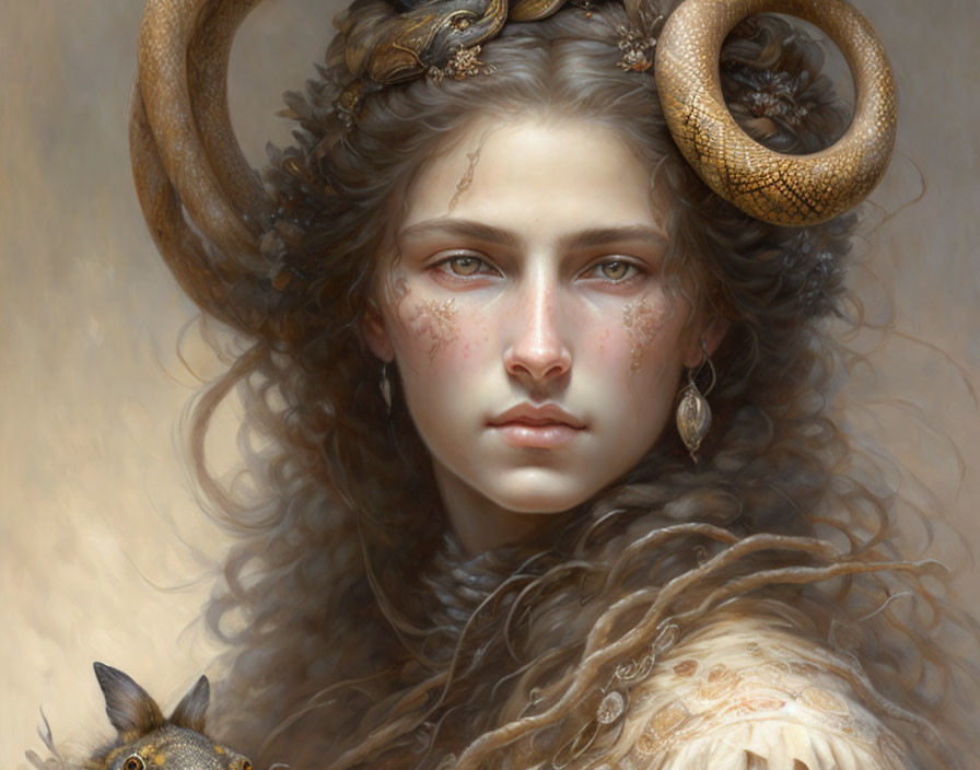 Fantasy portrait of woman with ram horns and mystical creature