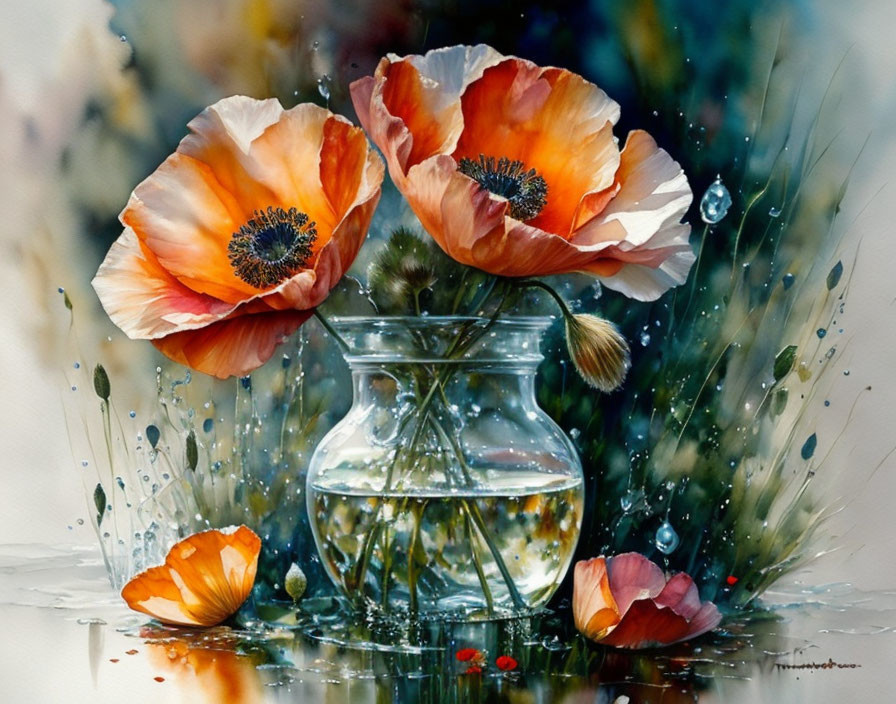 Orange poppies in transparent vase with water droplets - Vibrant watercolor art