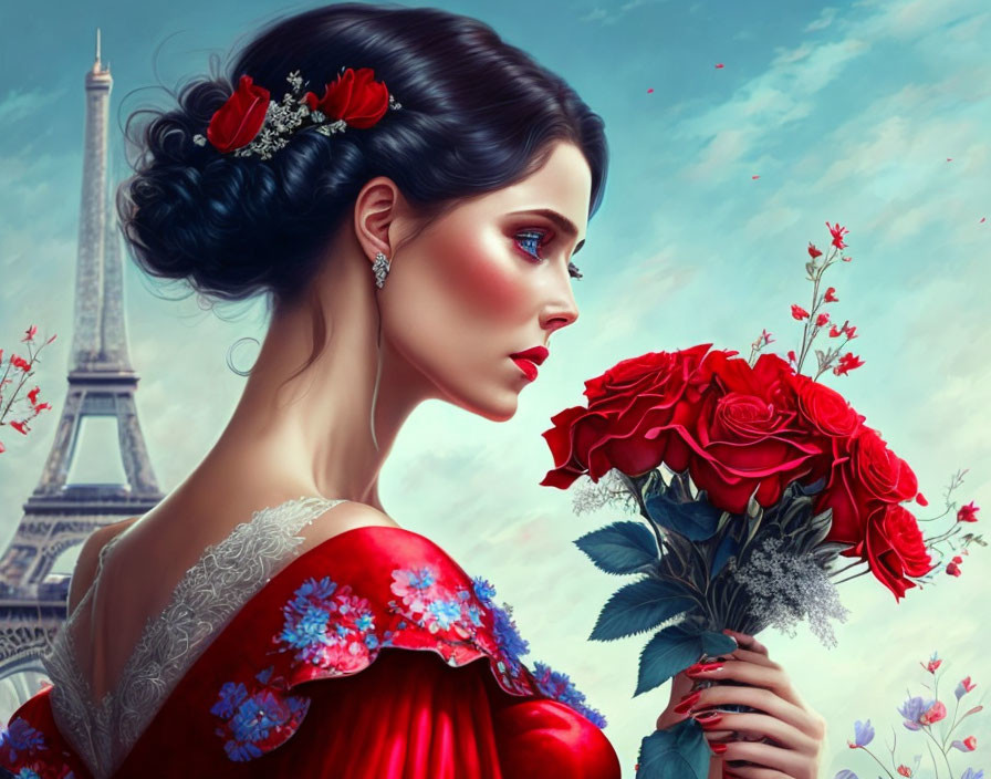 Woman with dark hair and red flowers holding roses, Eiffel Tower background