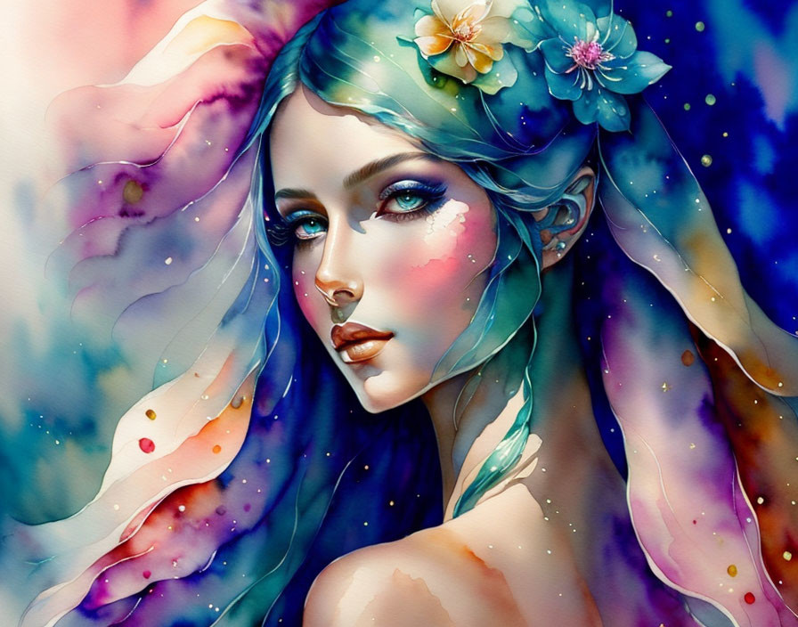 Ethereal woman with flower-adorned hair in vibrant colors