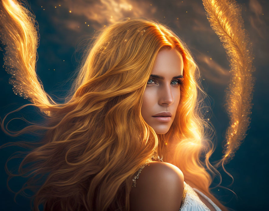 Woman with Long Wavy Red Hair in Golden Light Gazes Forward