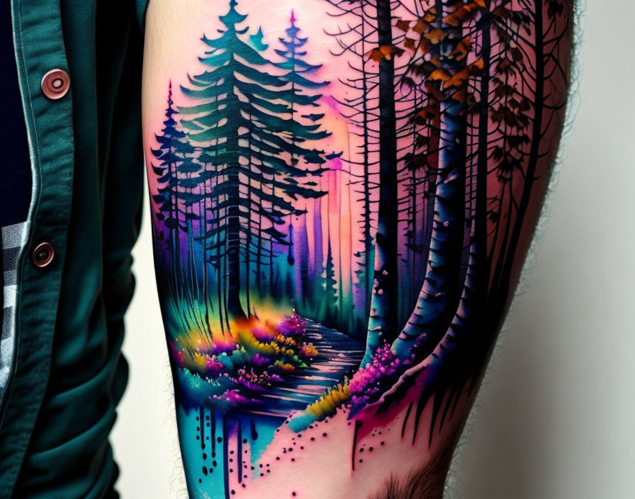 Colorful Forest Tattoo with Pink and Purple Trees and Pathway