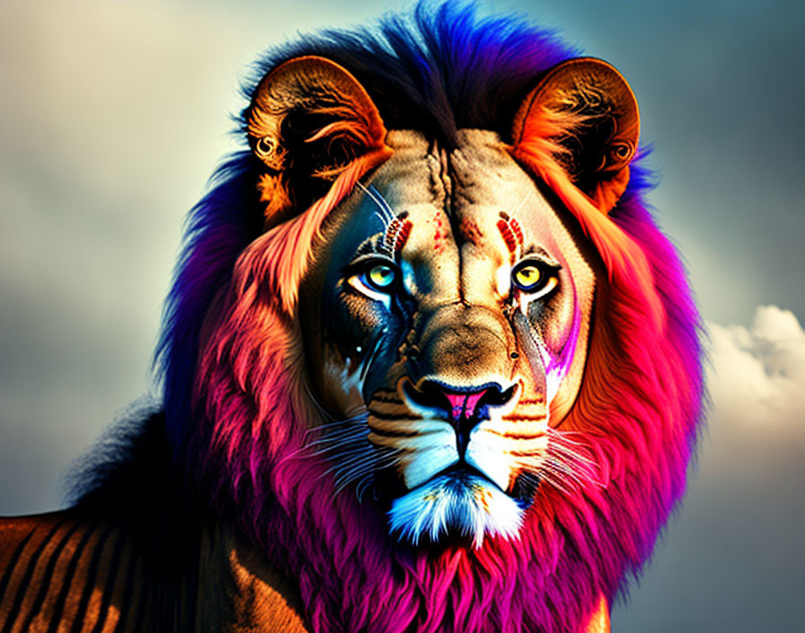 Multicolored lion with paint-like markings on face against cloudy sky.