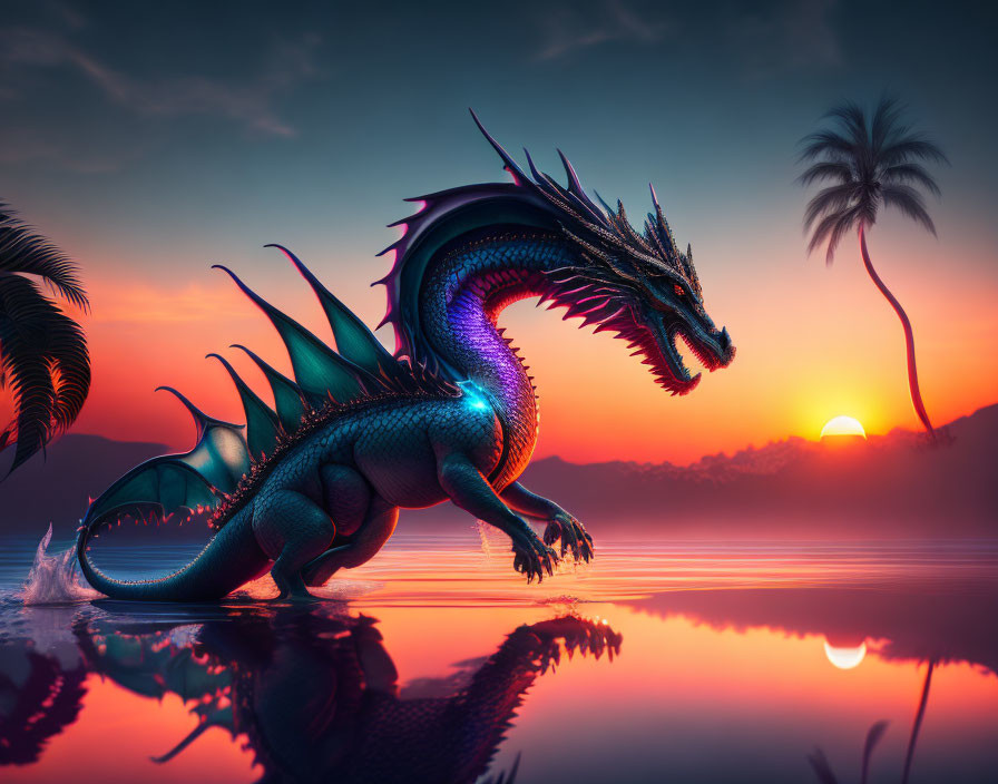 Iridescent dragon with vivid scales by tranquil lake at sunset