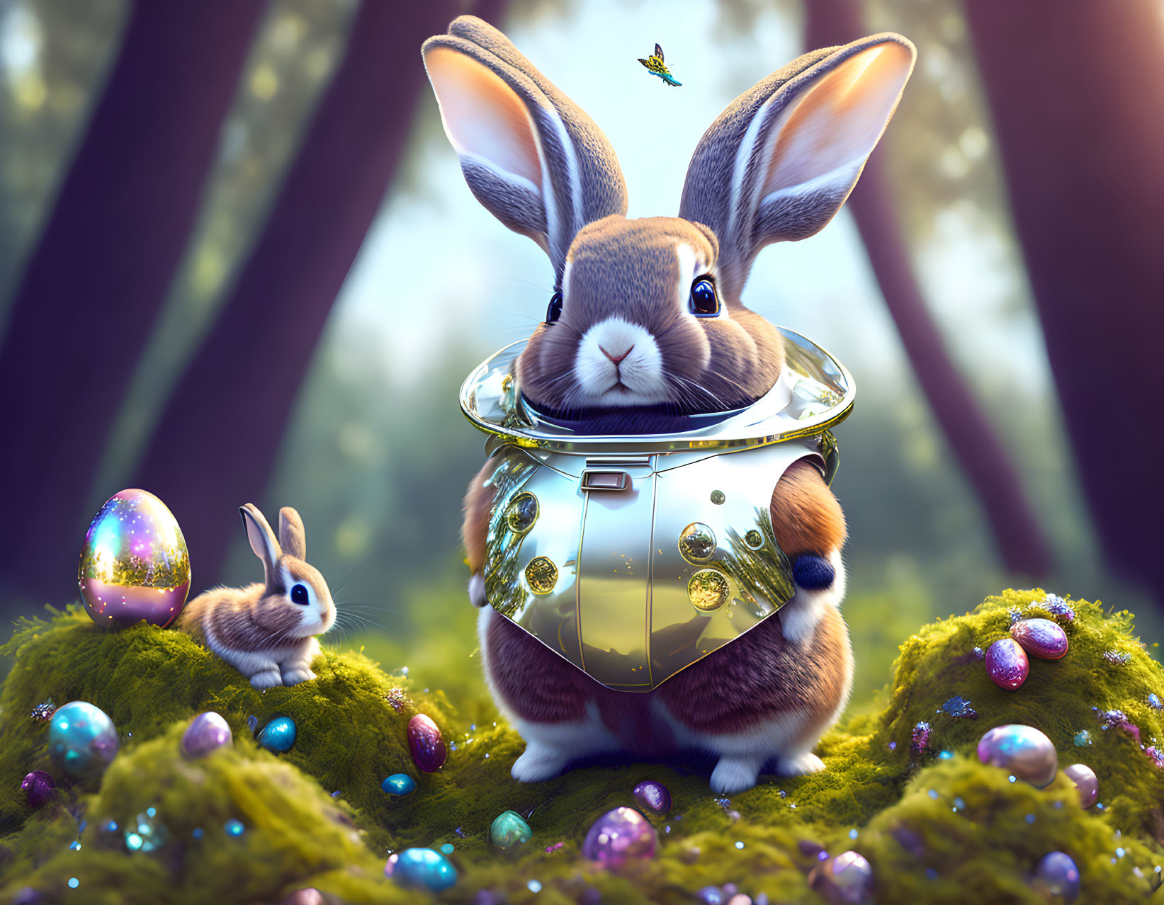 Large Rabbit with Futuristic Collar Surrounded by Easter Eggs in Mystical Forest