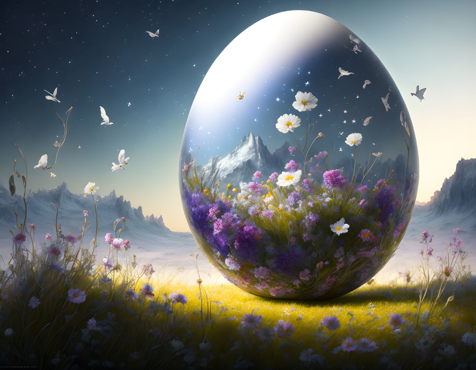 Surreal landscape with egg-shaped object, mountain reflection, flowers, butterflies, starry sky