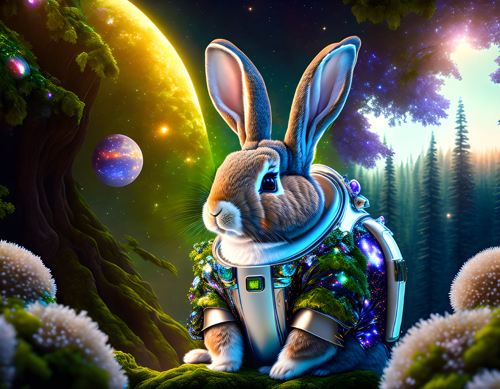 Illustration of space rabbit in futuristic suit on vibrant cosmic backdrop