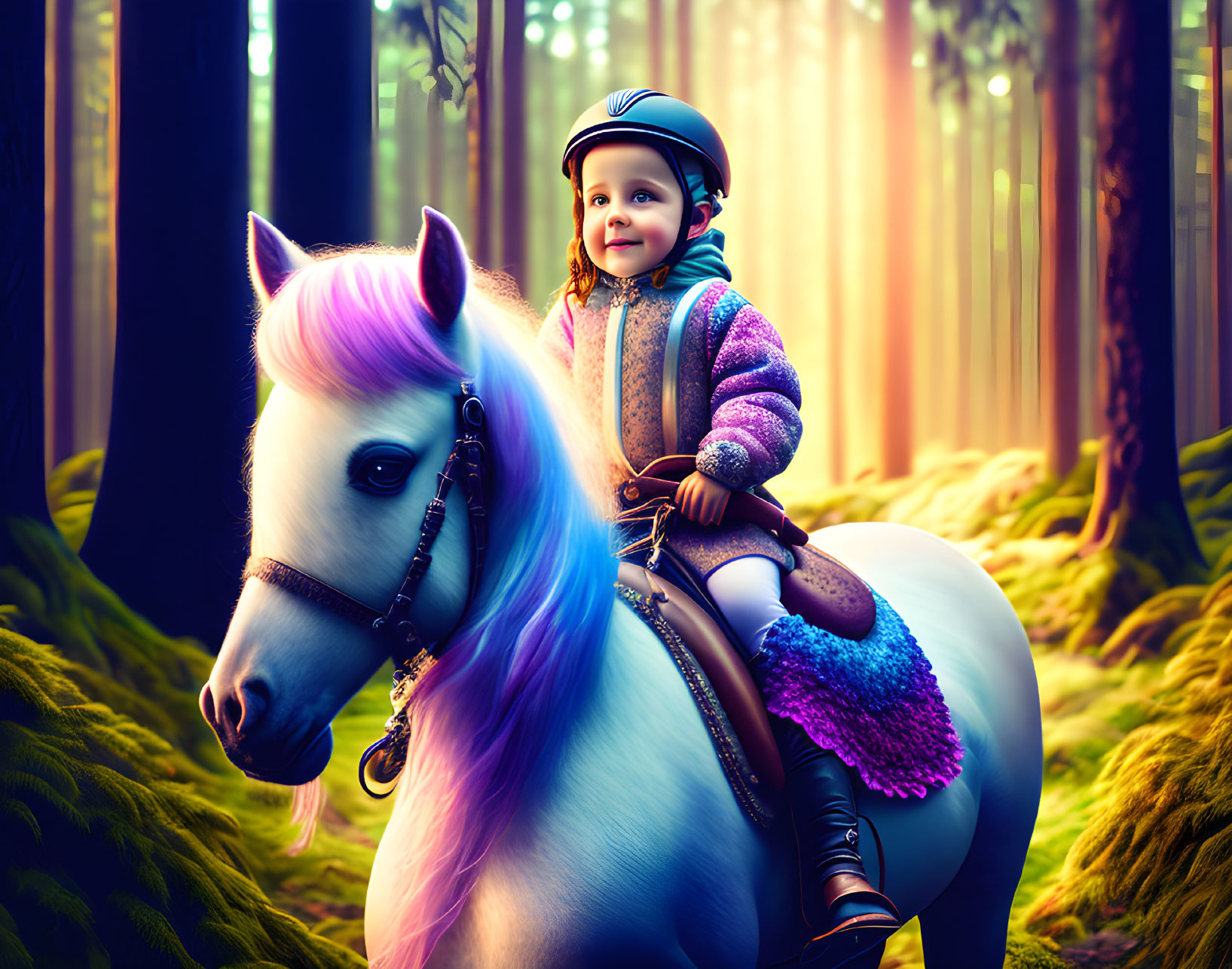 Child in helmet on pony in mystical forest with purple mane under golden sunlight