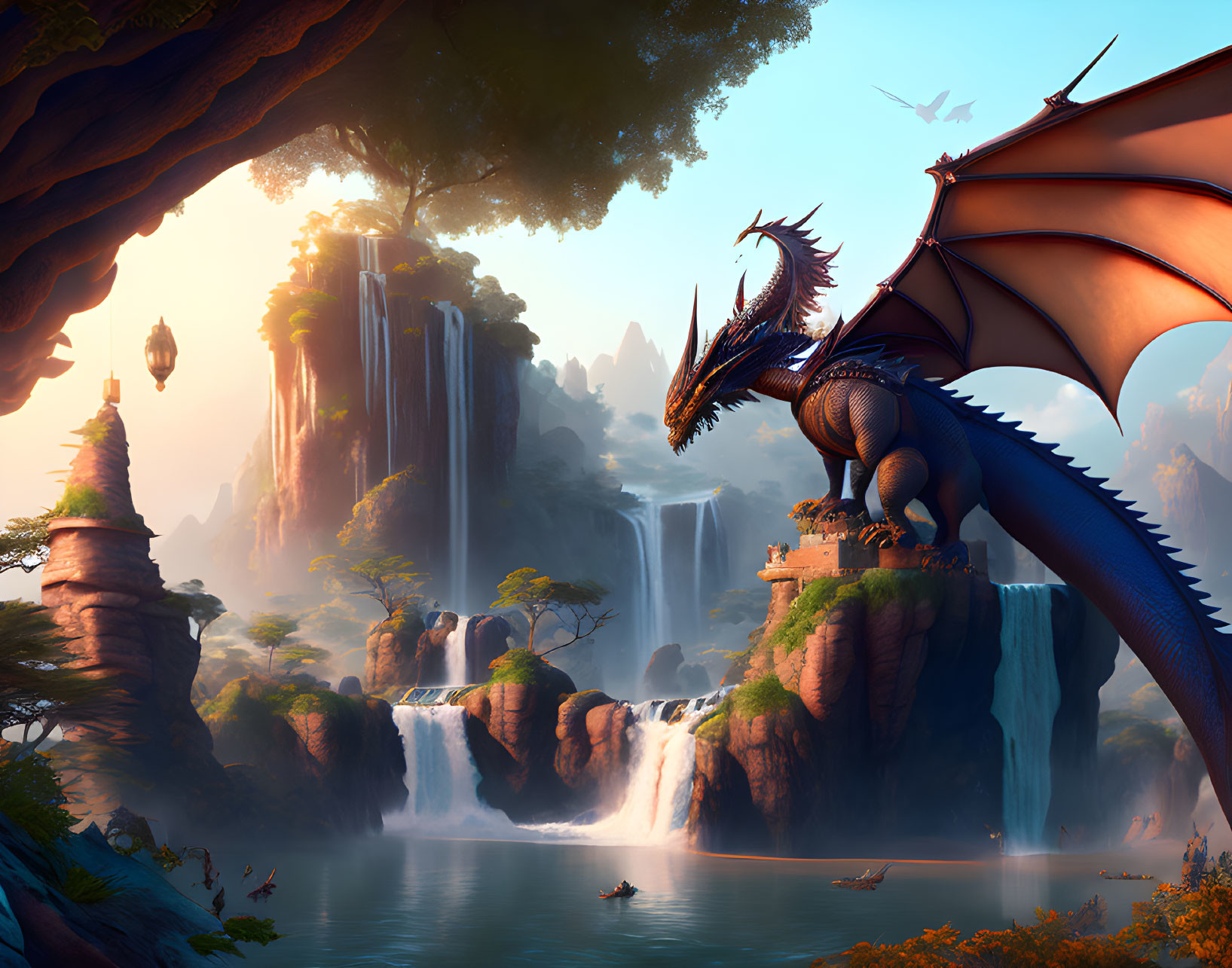 Majestic dragon on cliff with serene landscape and waterfalls