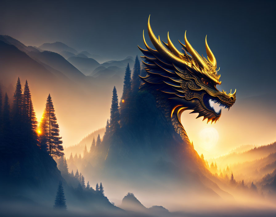 Golden dragon flying over foggy mountain landscape at sunrise