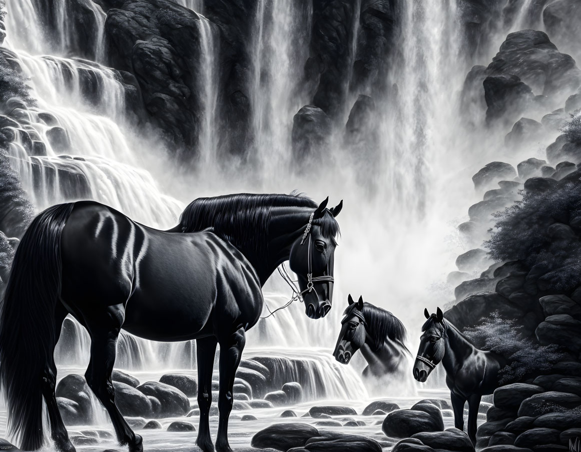 Majestic waterfall scene with two black horses