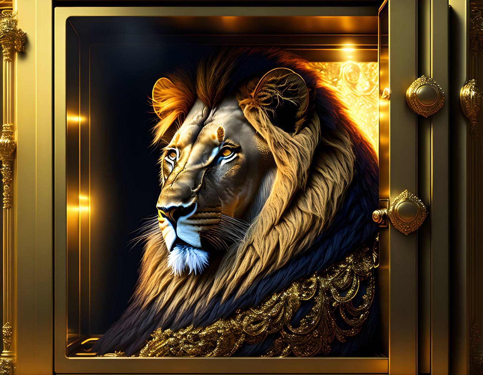 Majestic lion digital artwork with gold-adorned mane on black background