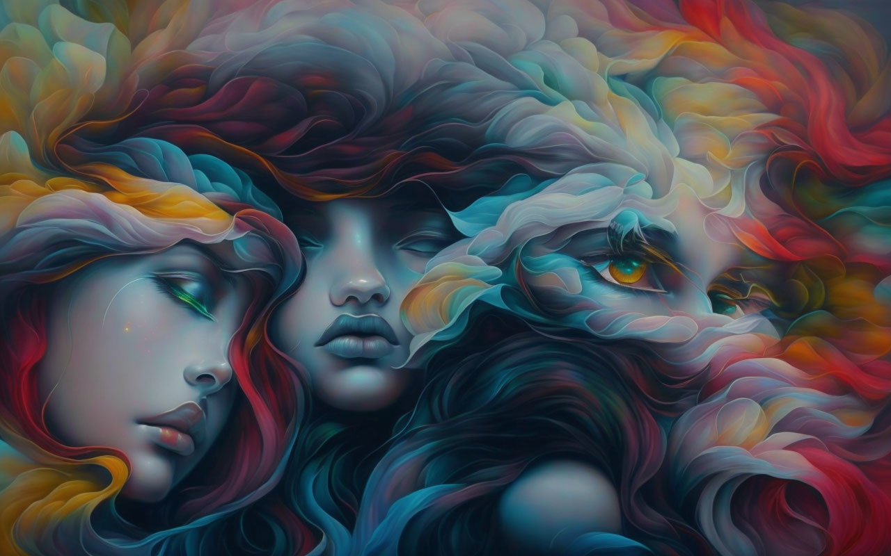 Colorful Surreal Artwork: Faces with Flowing Hair