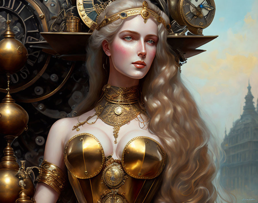 Fantasy portrait of woman with long wavy hair in ornate golden headpiece and armor, featuring