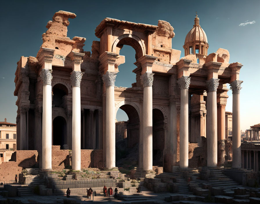 Ancient Roman ruins with towering columns and archways under clear blue sky