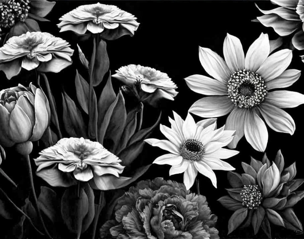 Monochrome floral arrangement with intricate details on black background