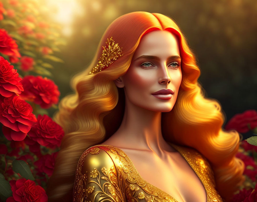 Golden-haired woman in tiara and dress among red rose garden