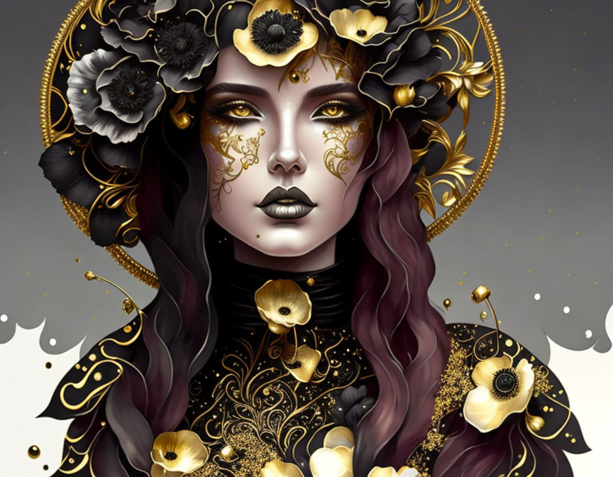 Illustrated portrait of woman with dark makeup and gold/black floral adornments