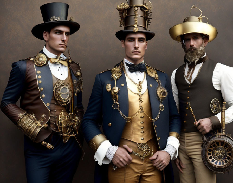 Three Men in Elaborate Steampunk Attire with Top Hats and Goggles