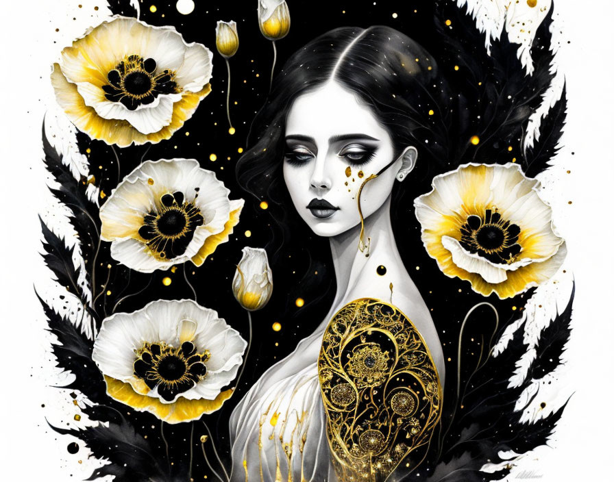 Detailed illustration: Woman with dark hair among yellow and black flowers and golden patterns.