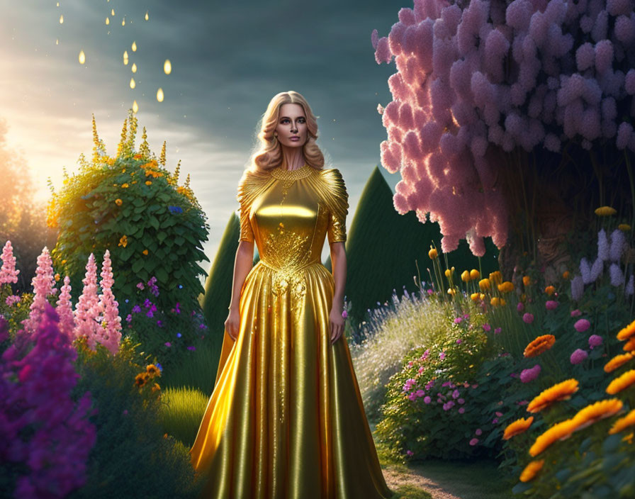 Woman in Gold Dress in Enchanted Garden with Lush Flowers