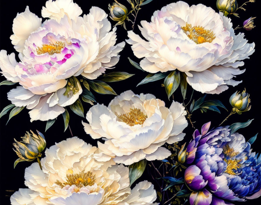 Detailed painting of blooming white peonies with pink accents, yellow centers, and a purple flower