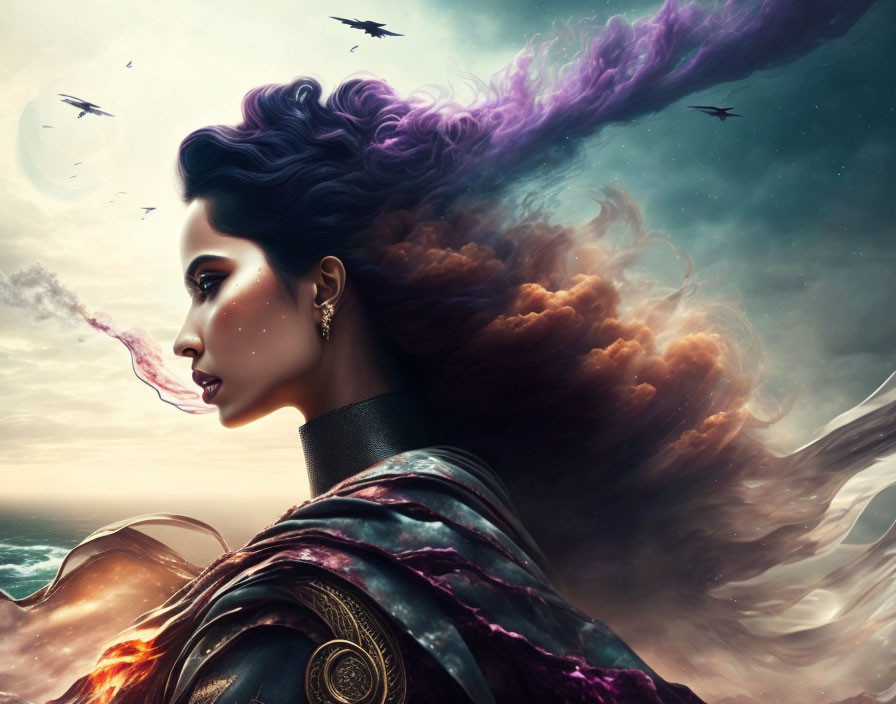 Woman blending into turbulent sky with birds and swirling clouds