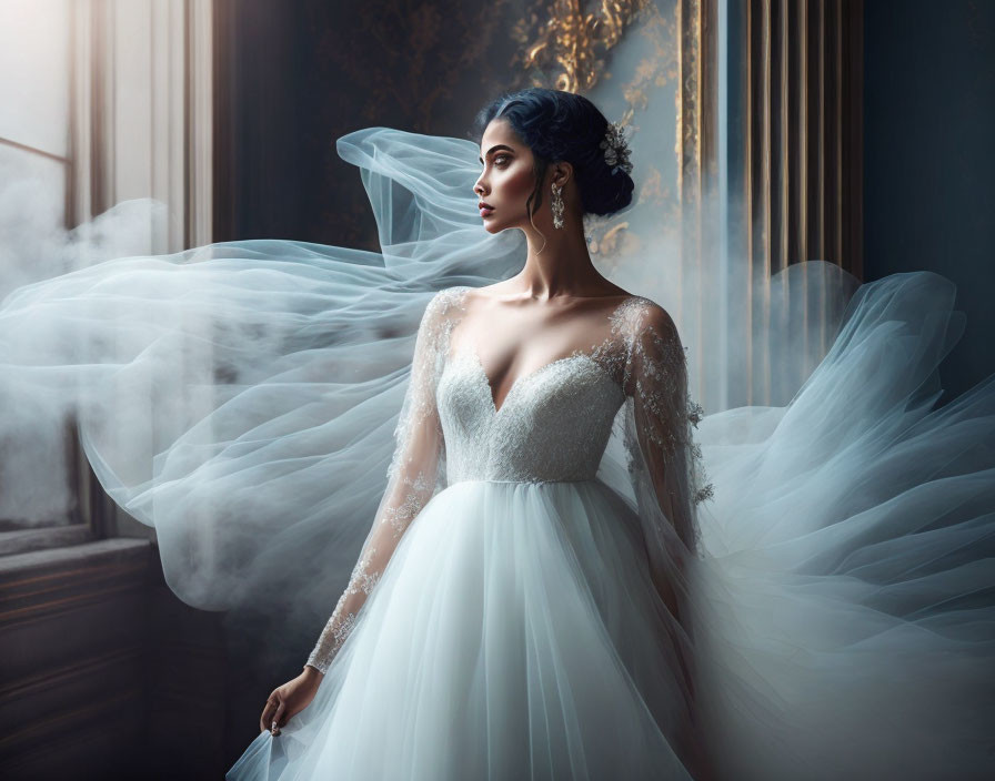 Bride in white gown with flowing veil near window and vintage backdrop