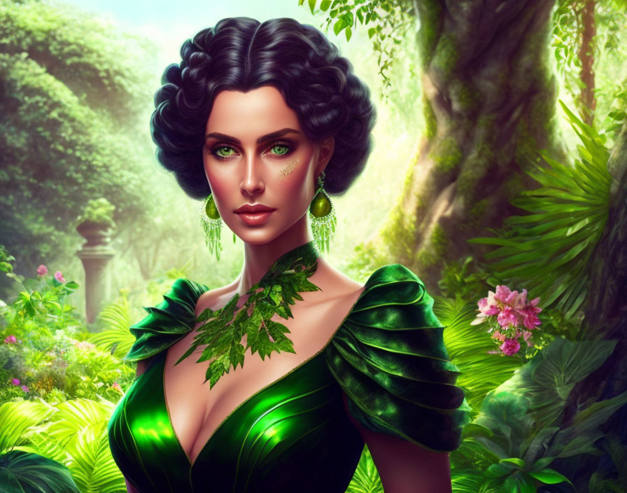 Dark-haired woman in green attire with leaf accessories against vibrant jungle backdrop