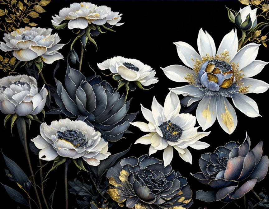 White Flowers with Dark Leaves and Gold Accents on Black Background