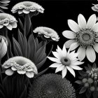 Monochrome floral arrangement with intricate details on black background