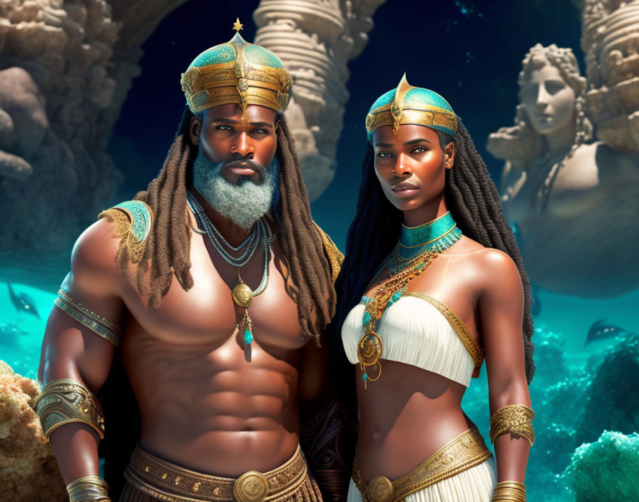 Digital artwork: Regal man and woman in ancient Egyptian attire with underwater ruins.