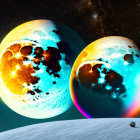 Stylized capybaras with colorful lighting in cosmic setting and planet surface silhouettes