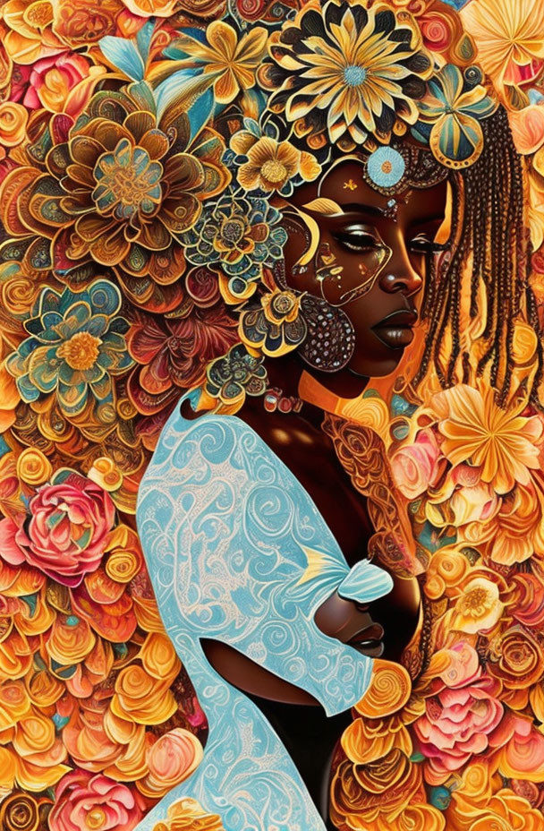 Colorful illustration of a woman with floral patterns in warm tones