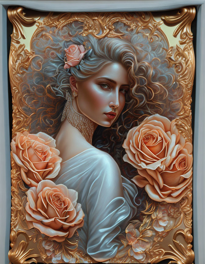 Baroque style portrait of a woman with wavy hair, roses, draped gown, and earrings