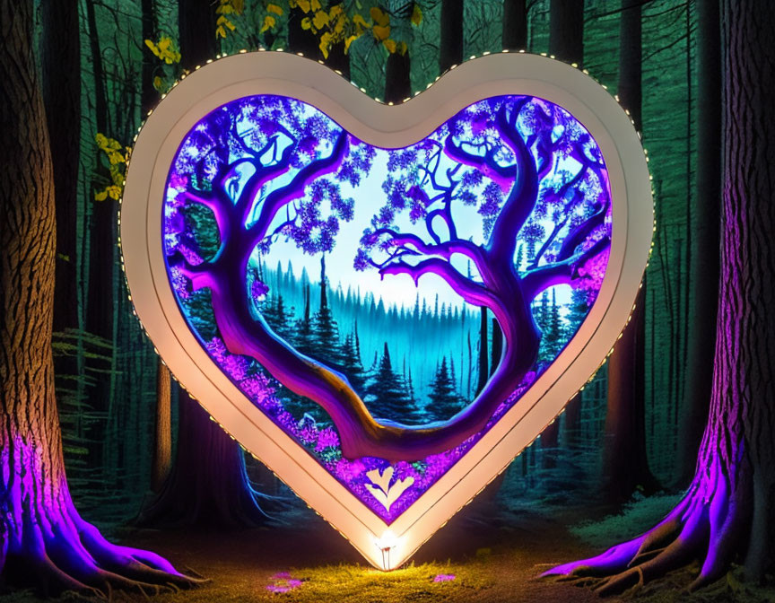 Heart-shaped light installation with tree silhouette on purple backdrop in dark forest