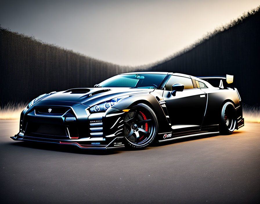 Customized black sports car in studio with dramatic lighting